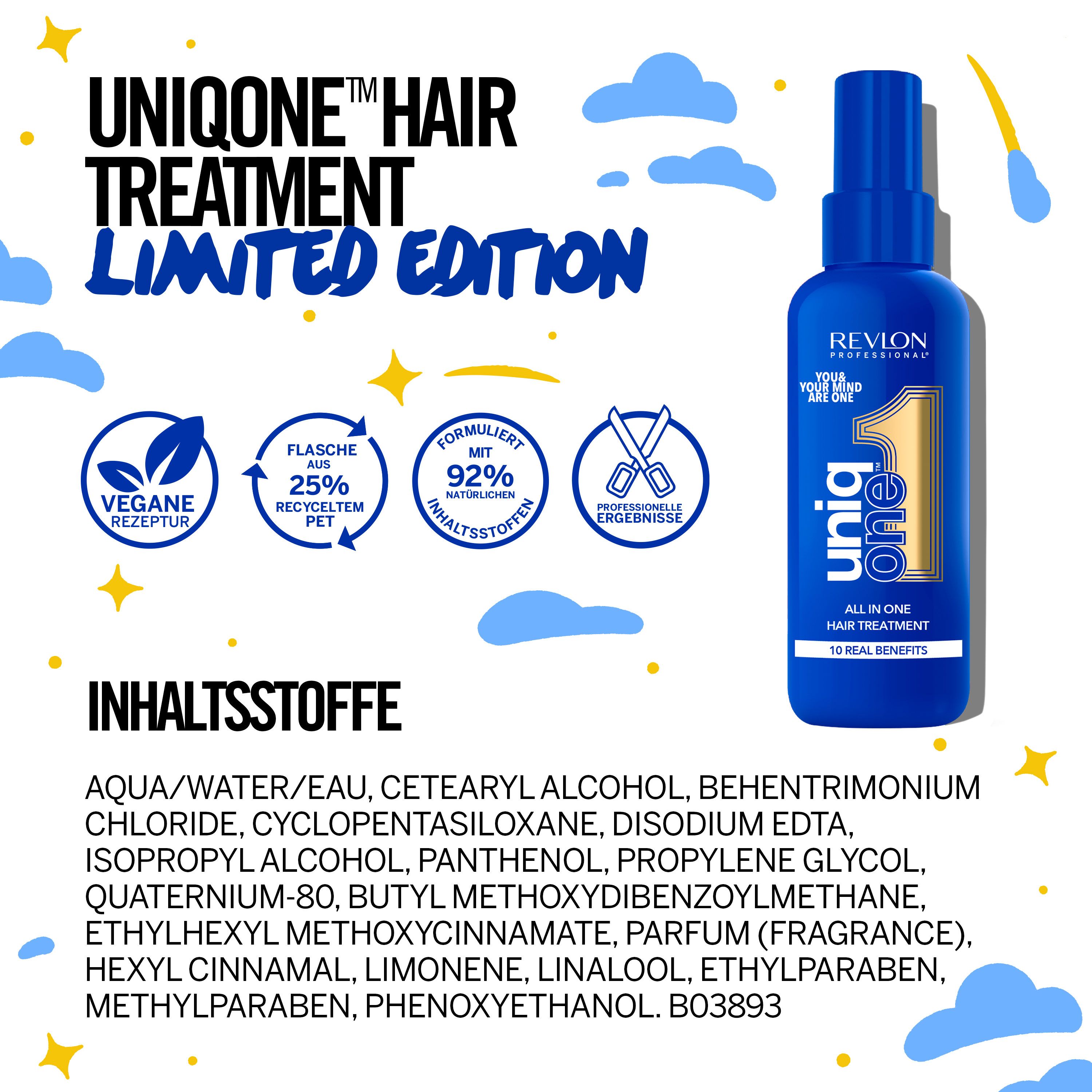 Flacon bleu UniqOne Hair Treatment Édition Limitée. Texte : Ingrédients, vegan, 25% PET recyclé, 92% ingrédients naturels.