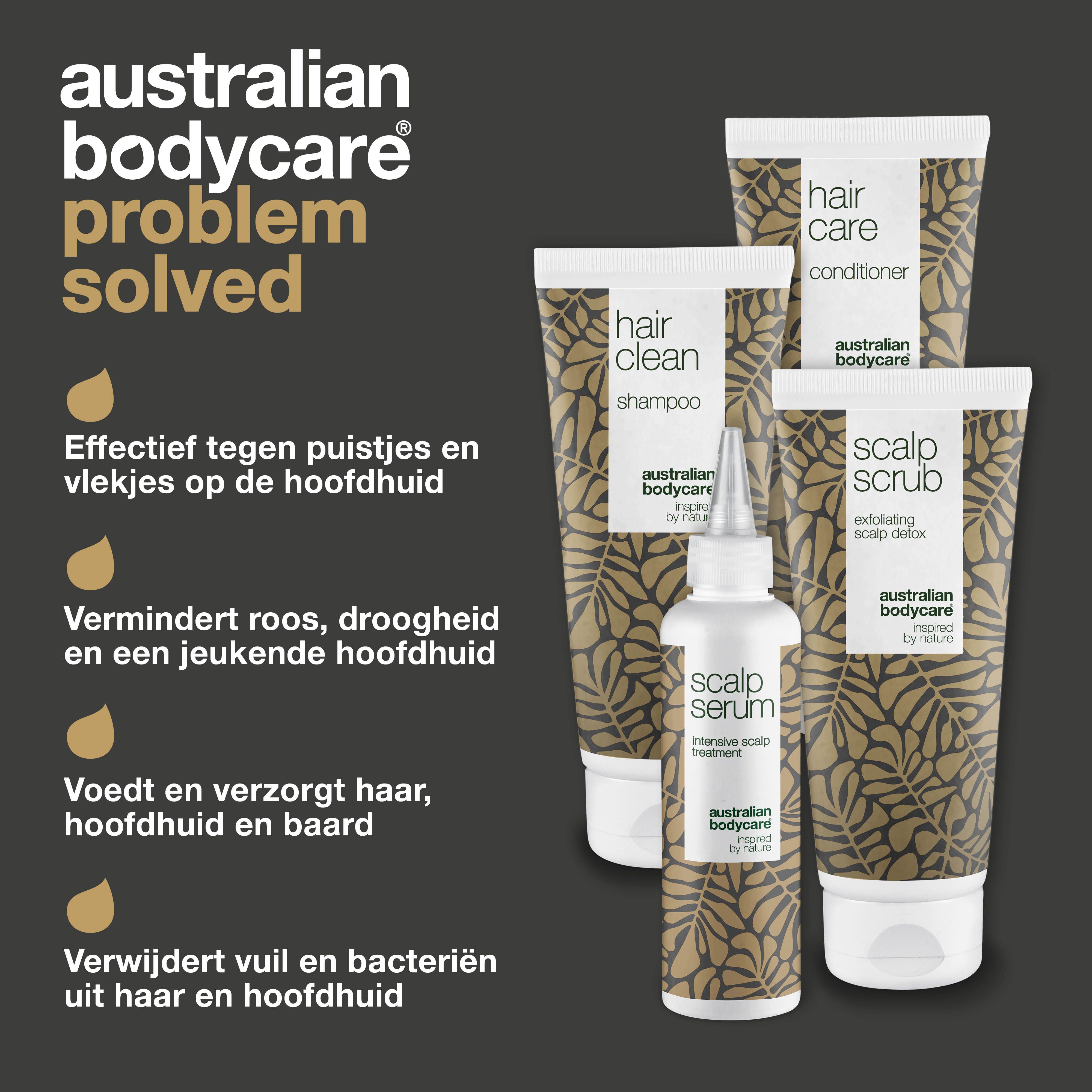 Probleem opgelost. Producten: shampoo, scrub, conditioner, serum. Tekst: Effectief tegen puistjes. Vermindert roos.