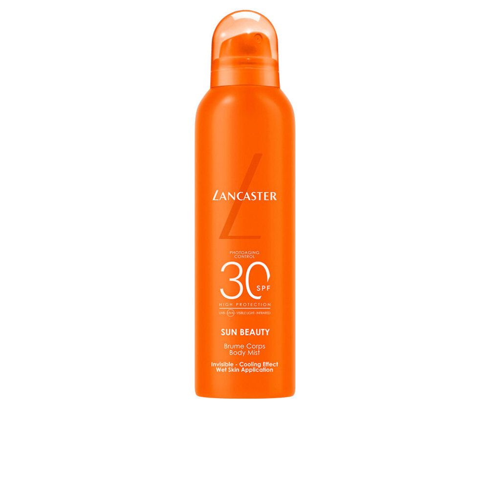 Lancaster Sun Beauty Brume Corps SPF 30, bombe aérosol orange avec tête de pulvérisation turquoise.