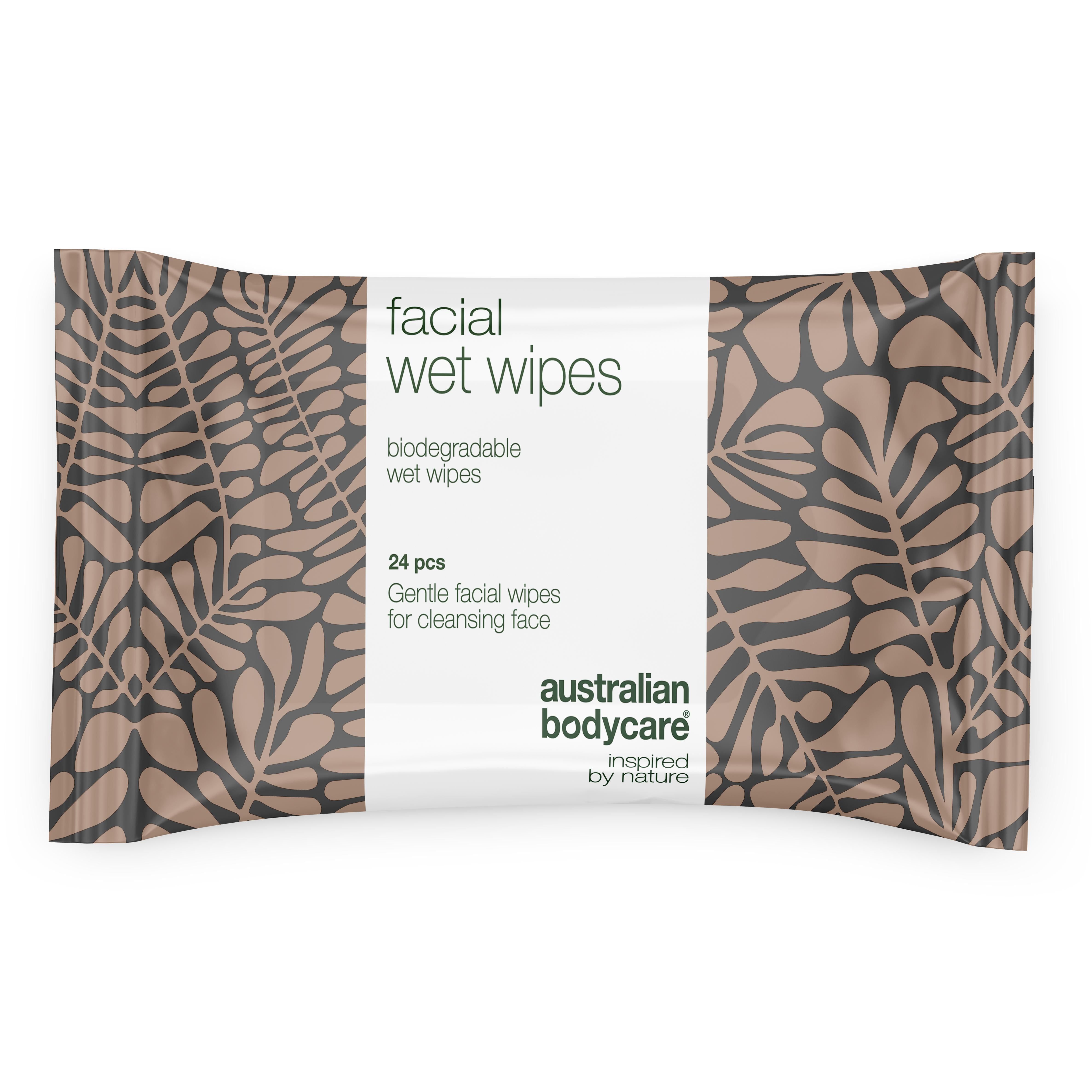Paquet de lingettes démaquillantes. Contient 24 pièces. Marque : Australian Bodycare.