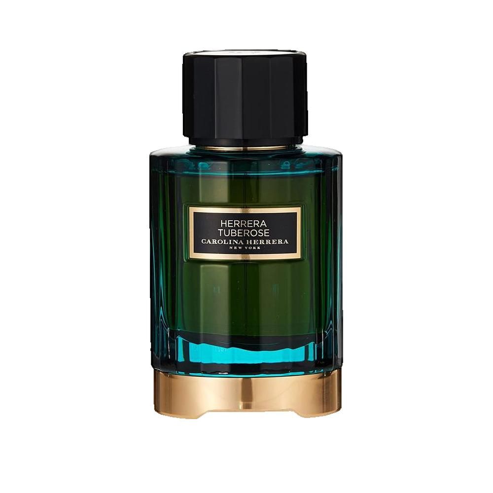 Flacon de parfum avec bouchon noir. Inscription: Herrera Tuberose, Carolina Herrera New York. Base dorée, liquide vert.