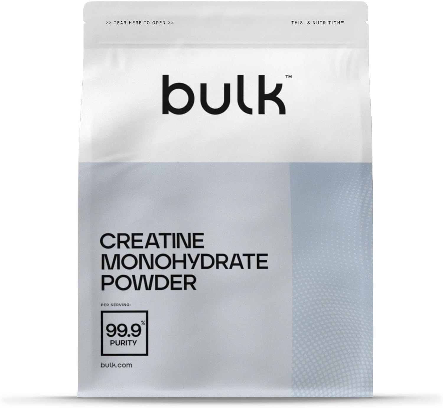 Sac blanc avec logo Bulk et texte : Creatine Monohydrate Powder, 99,9% de pureté.