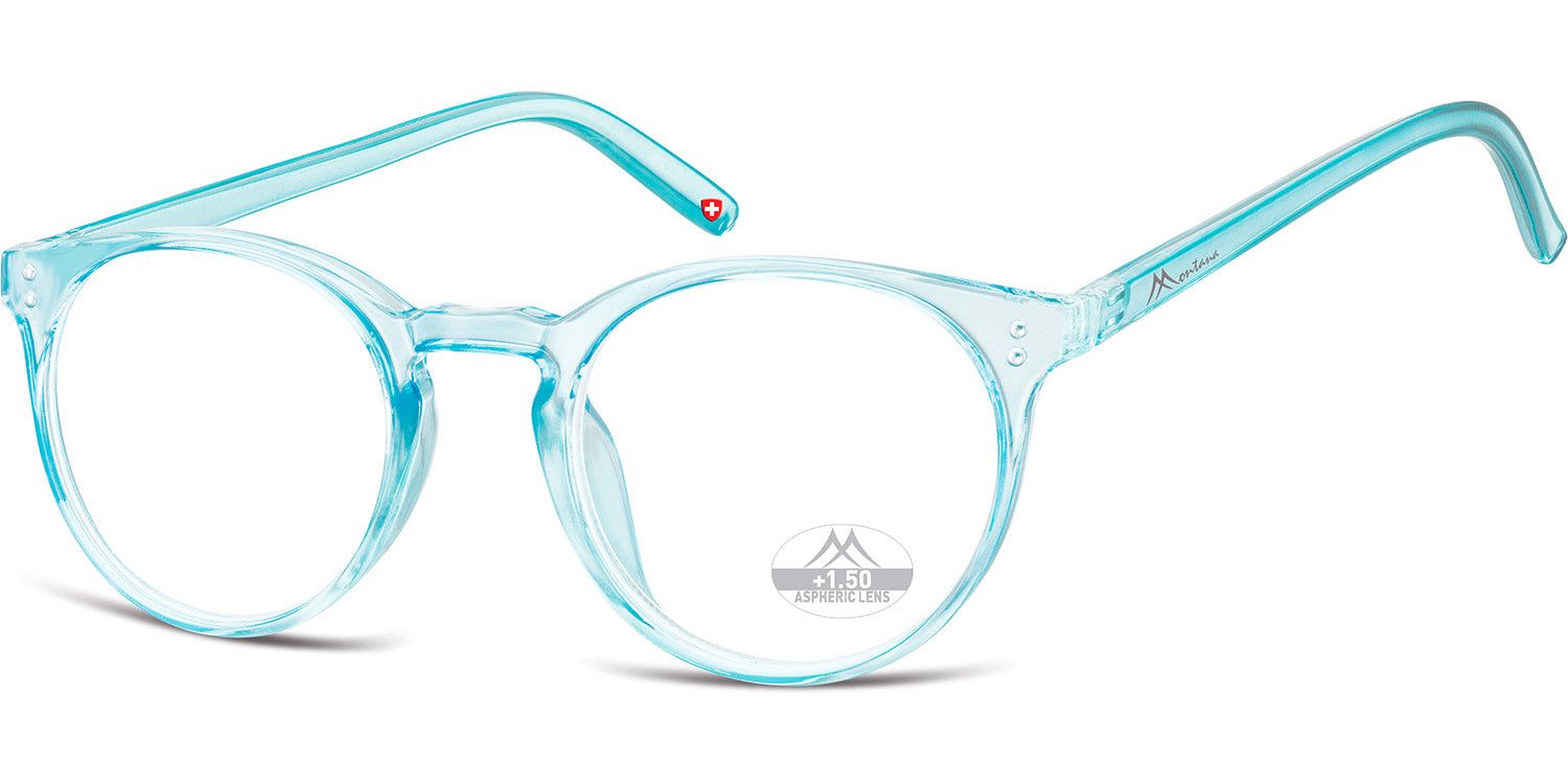 Lunettes bleu clair, verres ronds. Branches avec logo et croix suisse. Montana Eyewear.