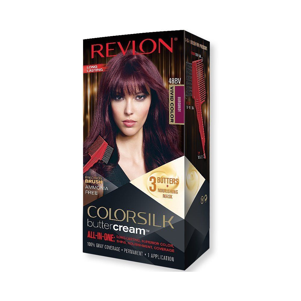 Boîte de coloration capillaire Revlon Colorsilk Buttercream. Contient une brosse et 3 beurres. Teinte 48BV, couleur vive. Sans ammoniaque.