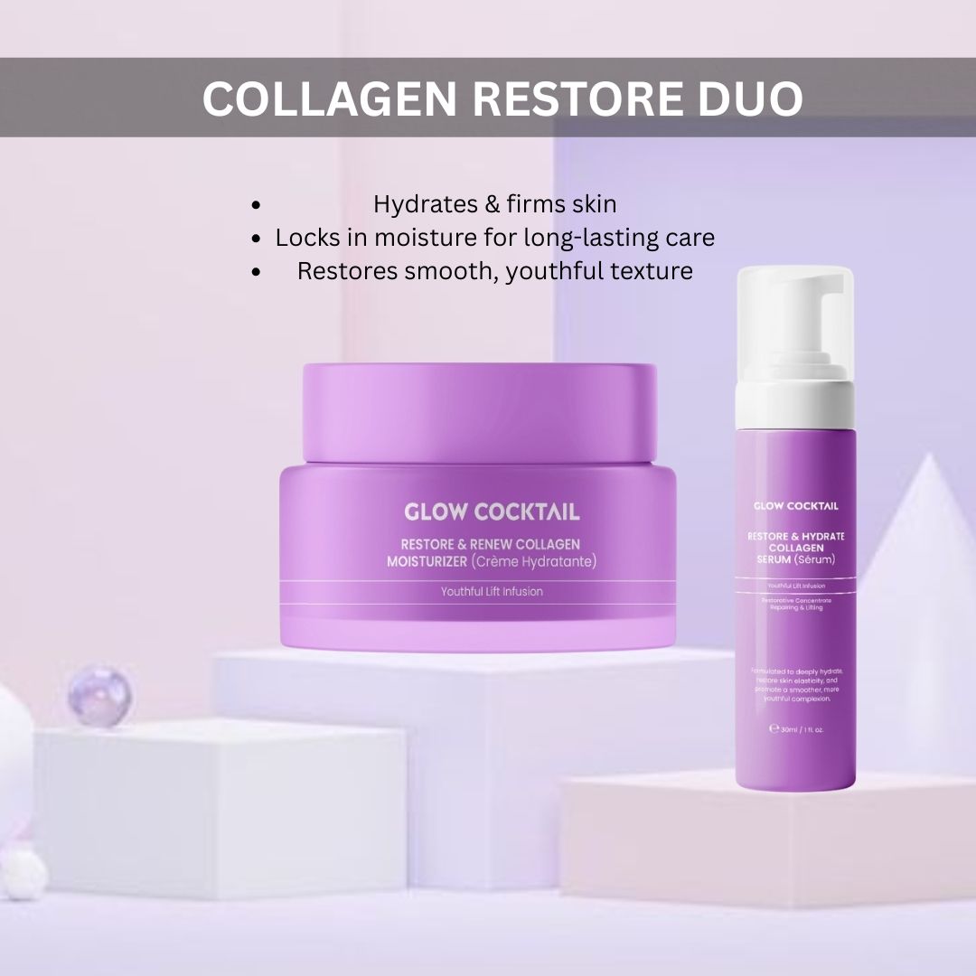 Deux produits cosmétiques violets sur piédestal. Inscription: Glow Cocktail, Restore & Renew Collagen. Texte: Collagen Restore Duo.