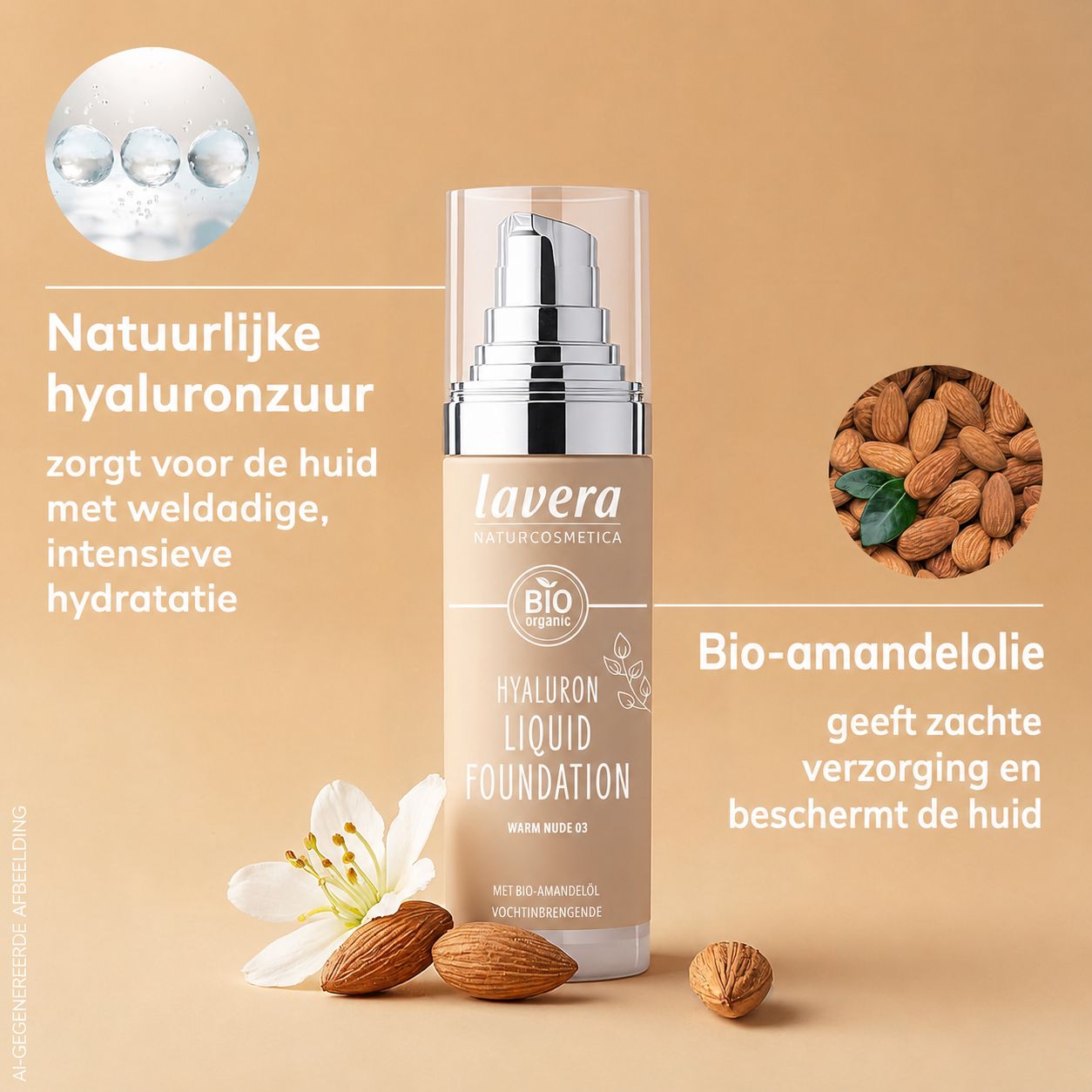 Fles Lavera Hyaluron Liquid Foundation, Warm Nude 03, met pompdose en transparante dop.