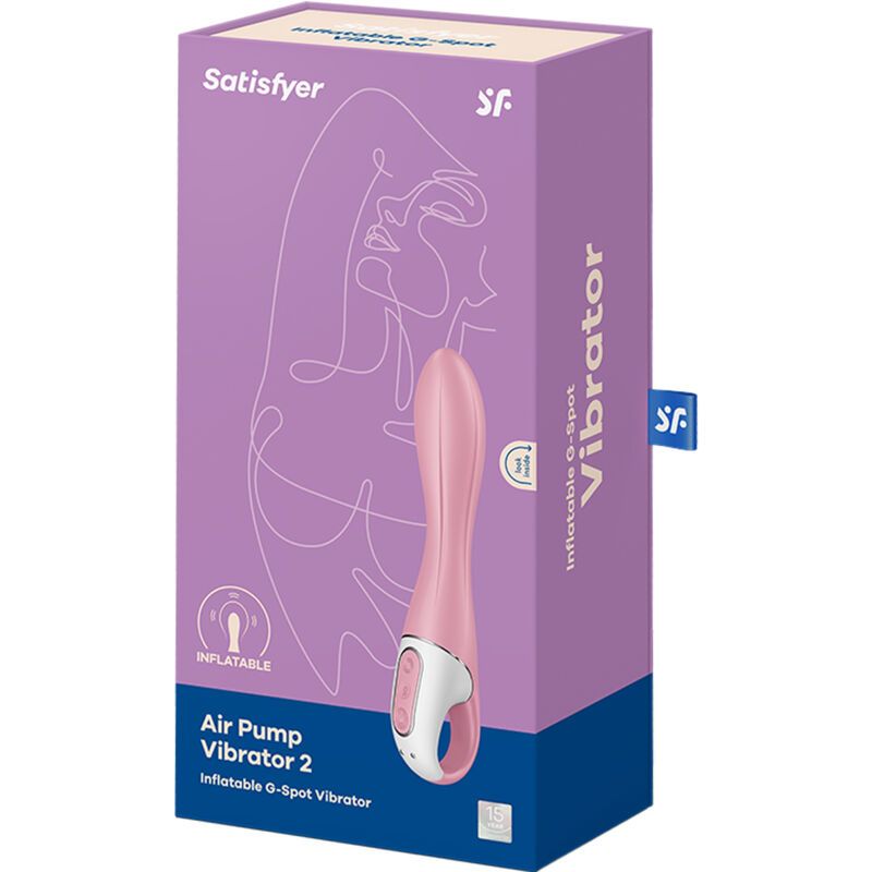Verpakking van Satisfyer Air Pump Vibrator 2. Roze vibrator afgebeeld. Tekst.