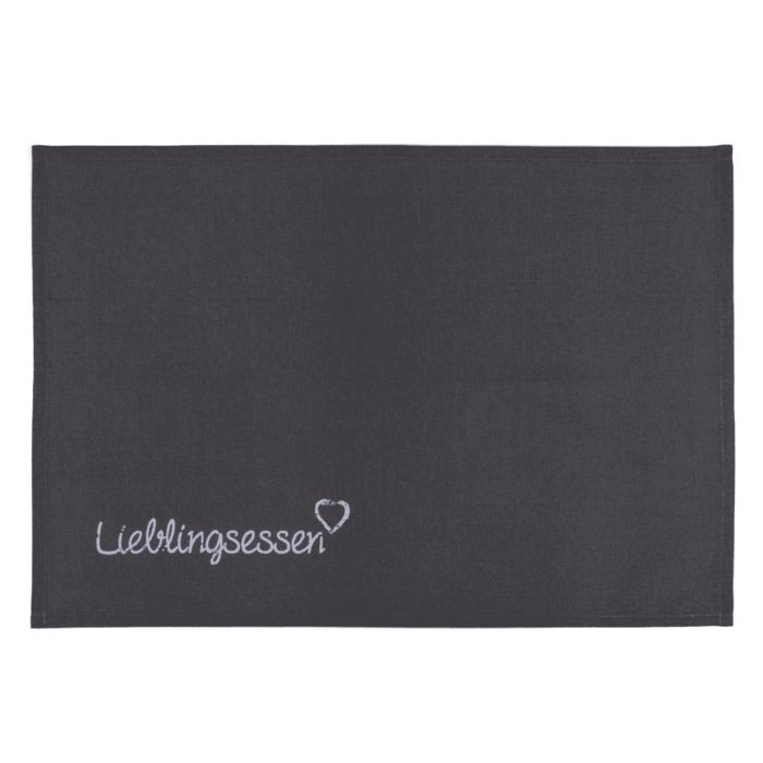 Donkergrijze handdoek met witte tekst "Lieblingsessen" en hartsymbool. Rechthoekige vorm.