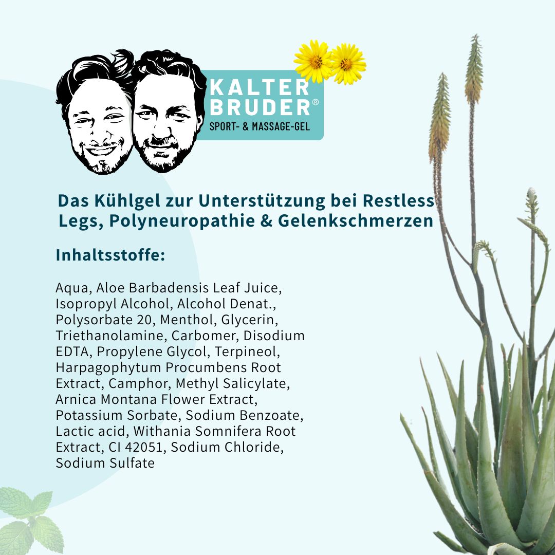 Texte et ingrédients. Texte : Le gel rafraîchissant pour les jambes sans repos, la polyneuropathie et les douleurs articulaires. Liste des ingrédients. Décoration avec aloe vera.