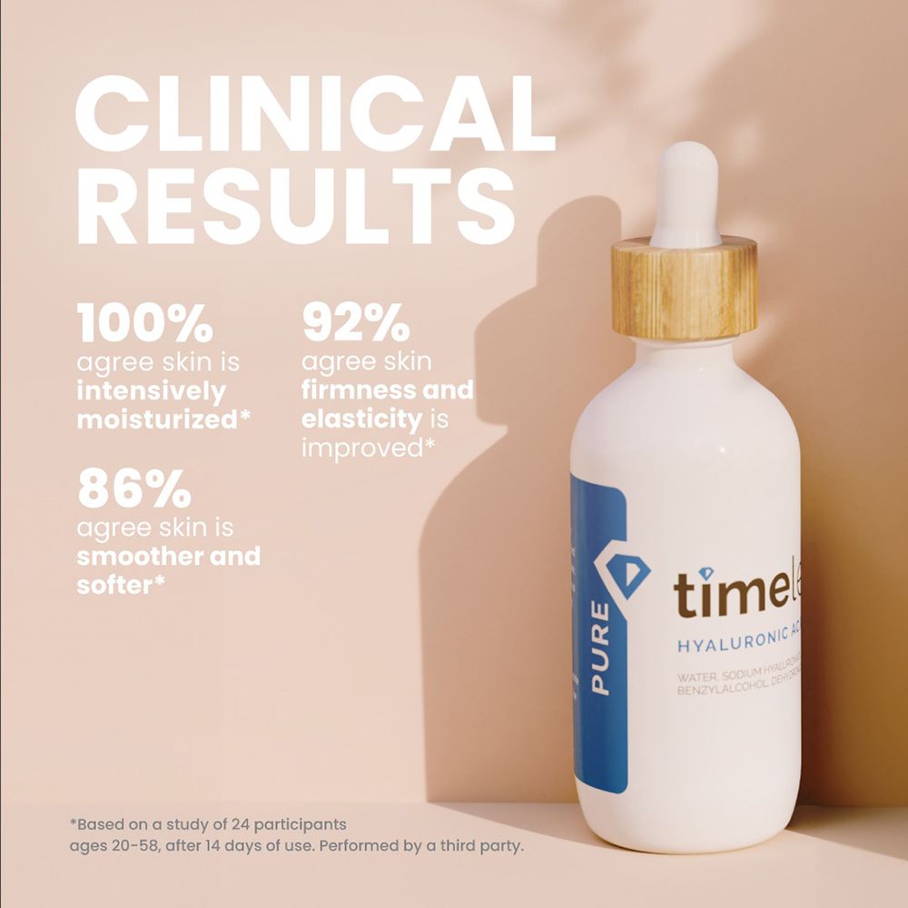 Witte fles met houten dop en pipet. Tekst toont klinische resultaten: hydratatie, stevigheid, zachtheid.