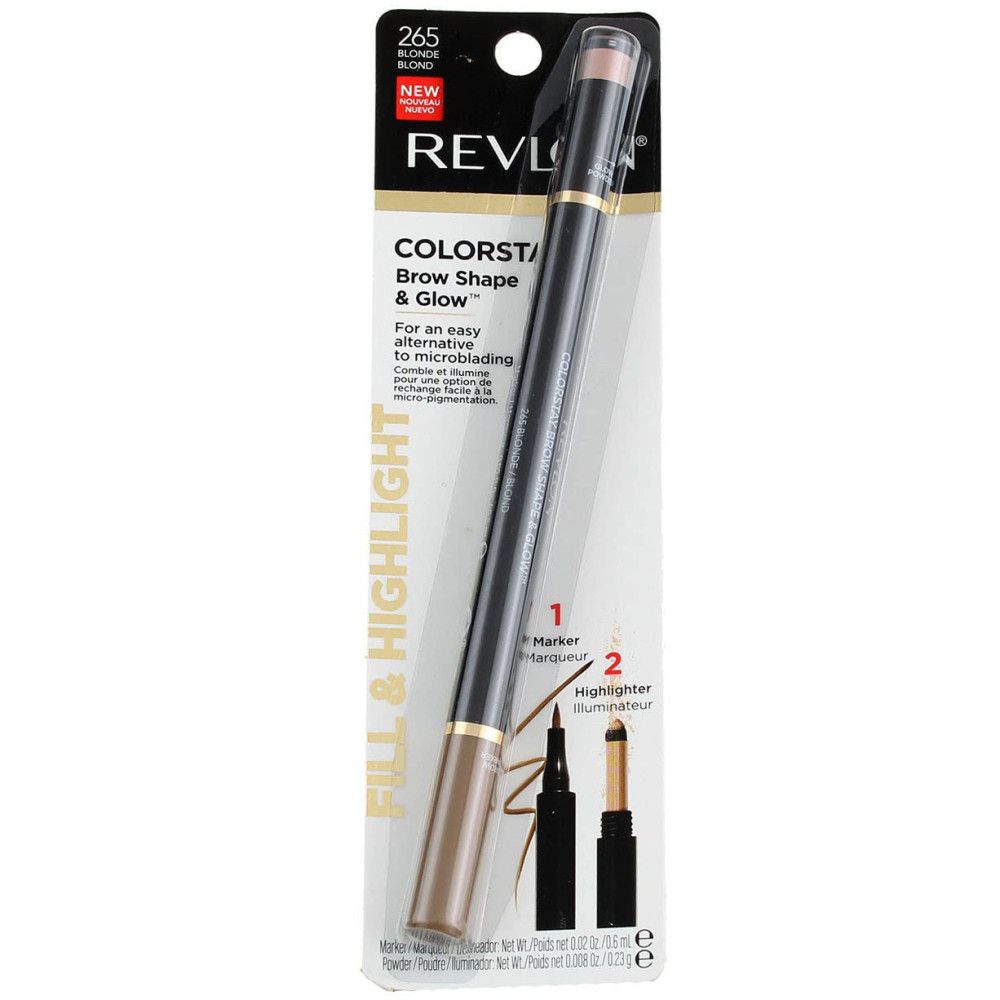 Revlon ColorStay Brow Shape & Glow, teinte Blonde, dans son emballage. Crayon double avec illuminateur.