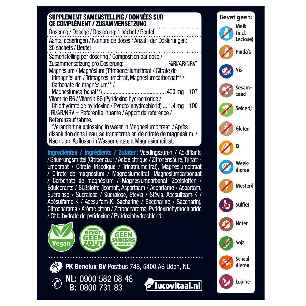 Achterkant van de Lucovitaal Magnesium 400 Forte verpakking. Bevat voedingswaarde-informatie, ingrediënten en allergenen.