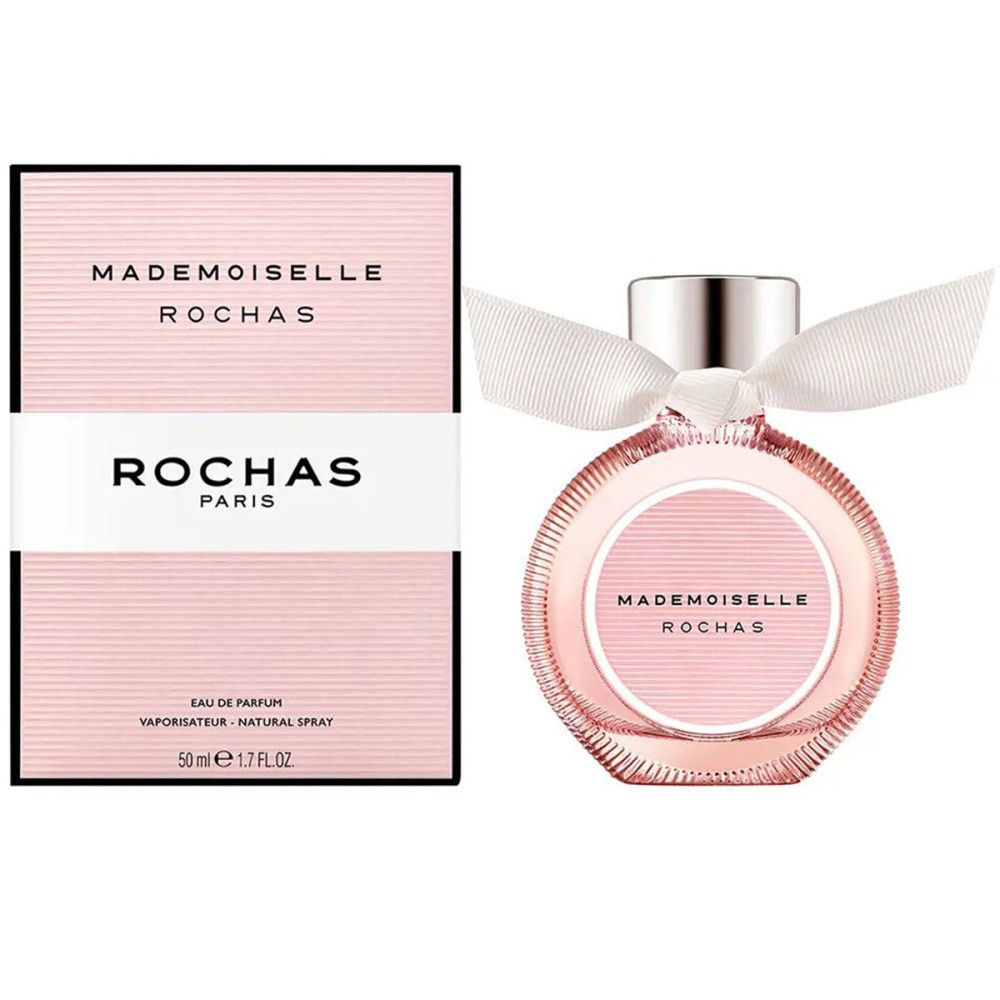 Flacon et boîte roses. Flacon rond, rose, avec ruban blanc. Boîte avec texte: Mademoiselle Rochas.