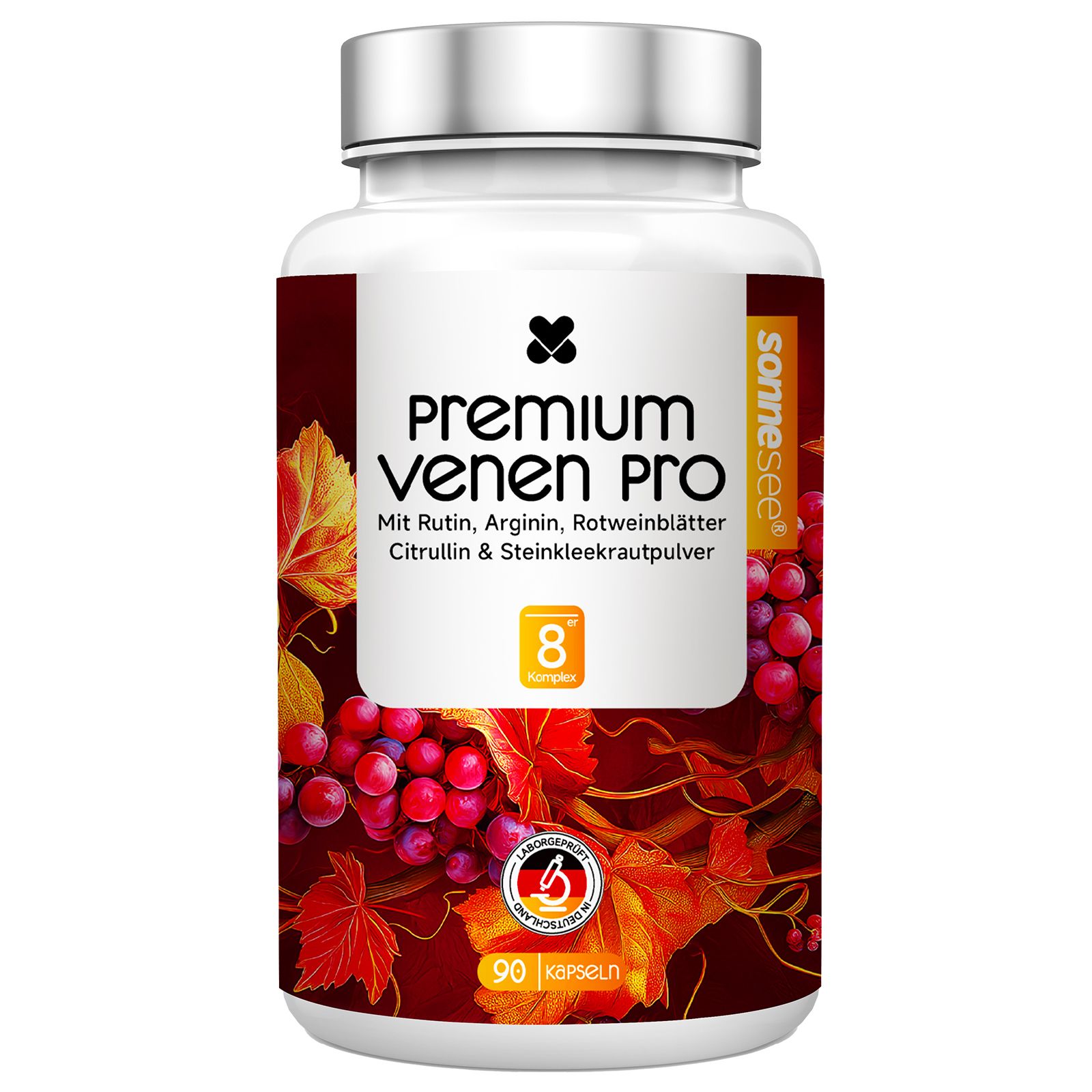 Flacon de 90 gélules "Premium Venen Pro" avec motif de raisin. Contient rutin, arginine, feuilles de vigne rouge, citrulline et extrait de mélilot.