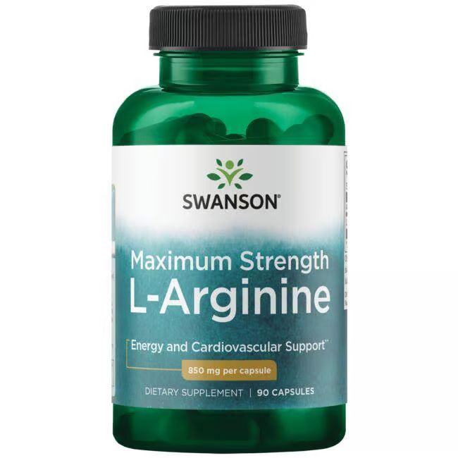 Flacon vert avec bouchon noir. Inscription: SWANSON L-Arginine 850 mg. Étiquette avec informations produit et logo.