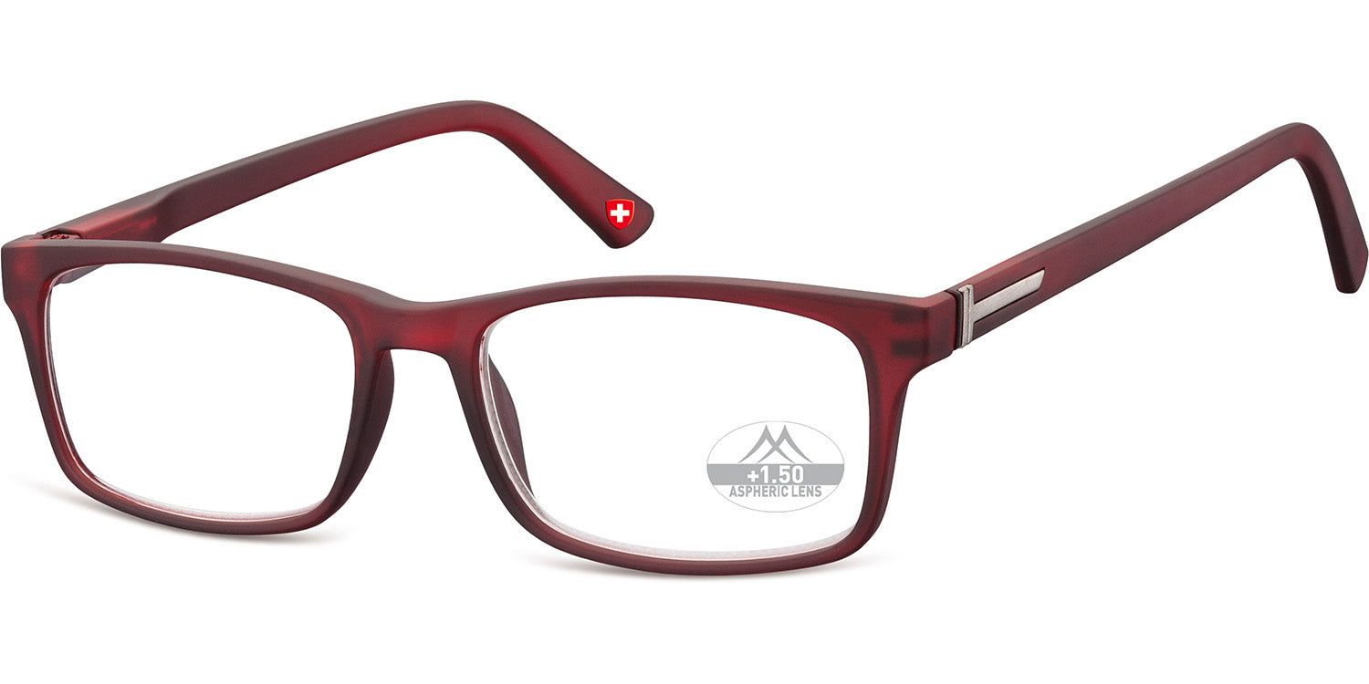 Lunettes rectangulaires bordeaux. Croix suisse sur la branche droite. Verres +1.50.