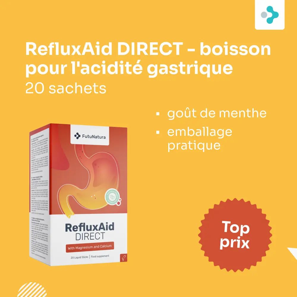 Boîte RefluxAid DIRECT, avec magnésium et calcium. 20 sachets. Goût menthe.