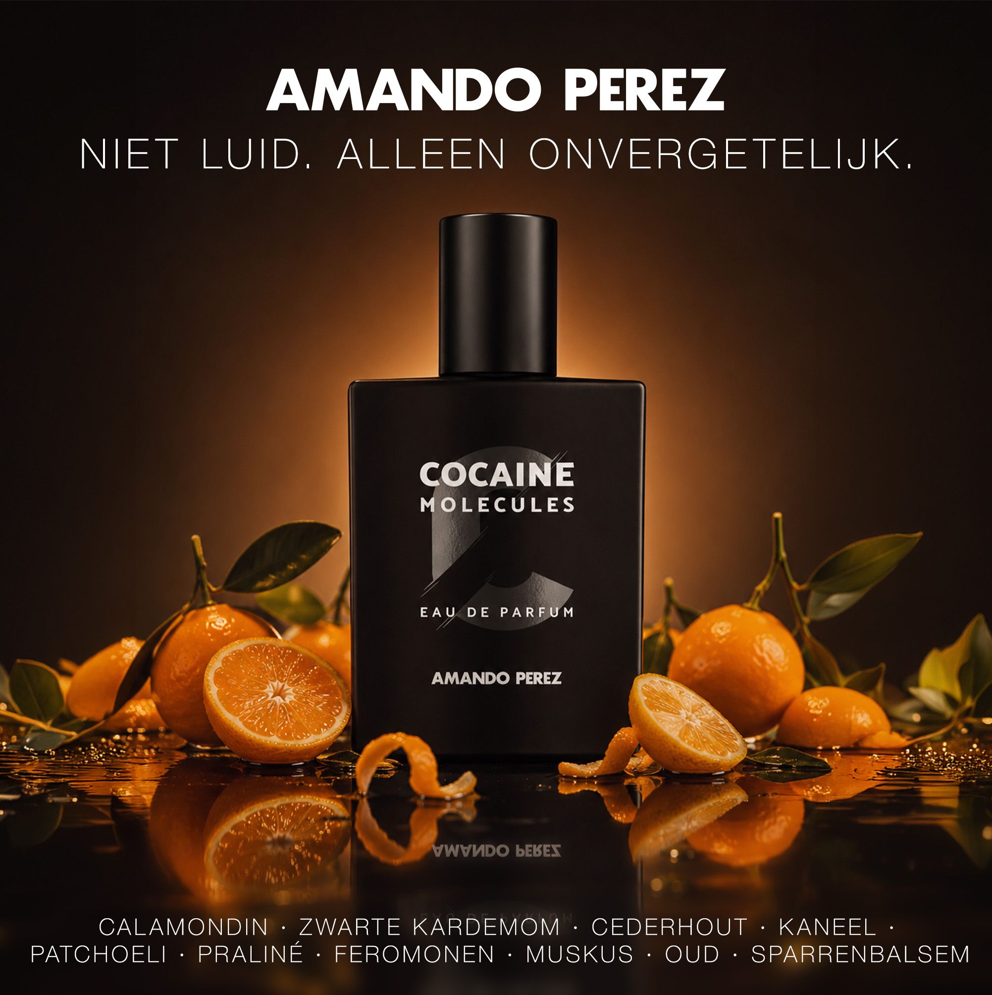 Amando Perez flacon omringd door sinaasappels en bladeren. "Cocaine Molecules Eau de Parfum".