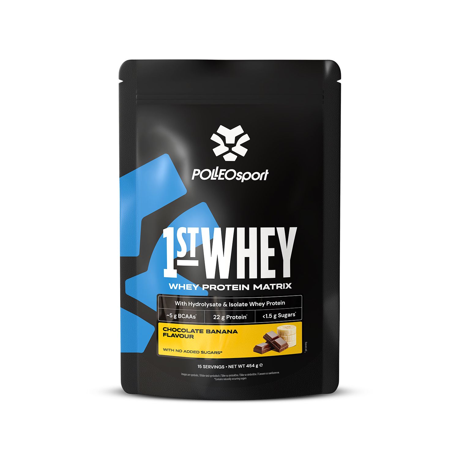 Emballage noir 1ST:WHEY. Contient Whey Protein Matrix. Goût: Chocolate Banana. Avec 15 portions.