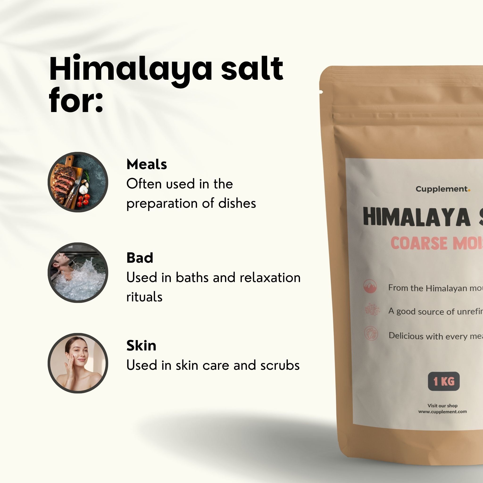 Sachet de sel de l'Himalaya, grossier, humide. Texte: Cupplement, Himalaya Salt, 1 kg. Pour les repas, le bain, la peau.