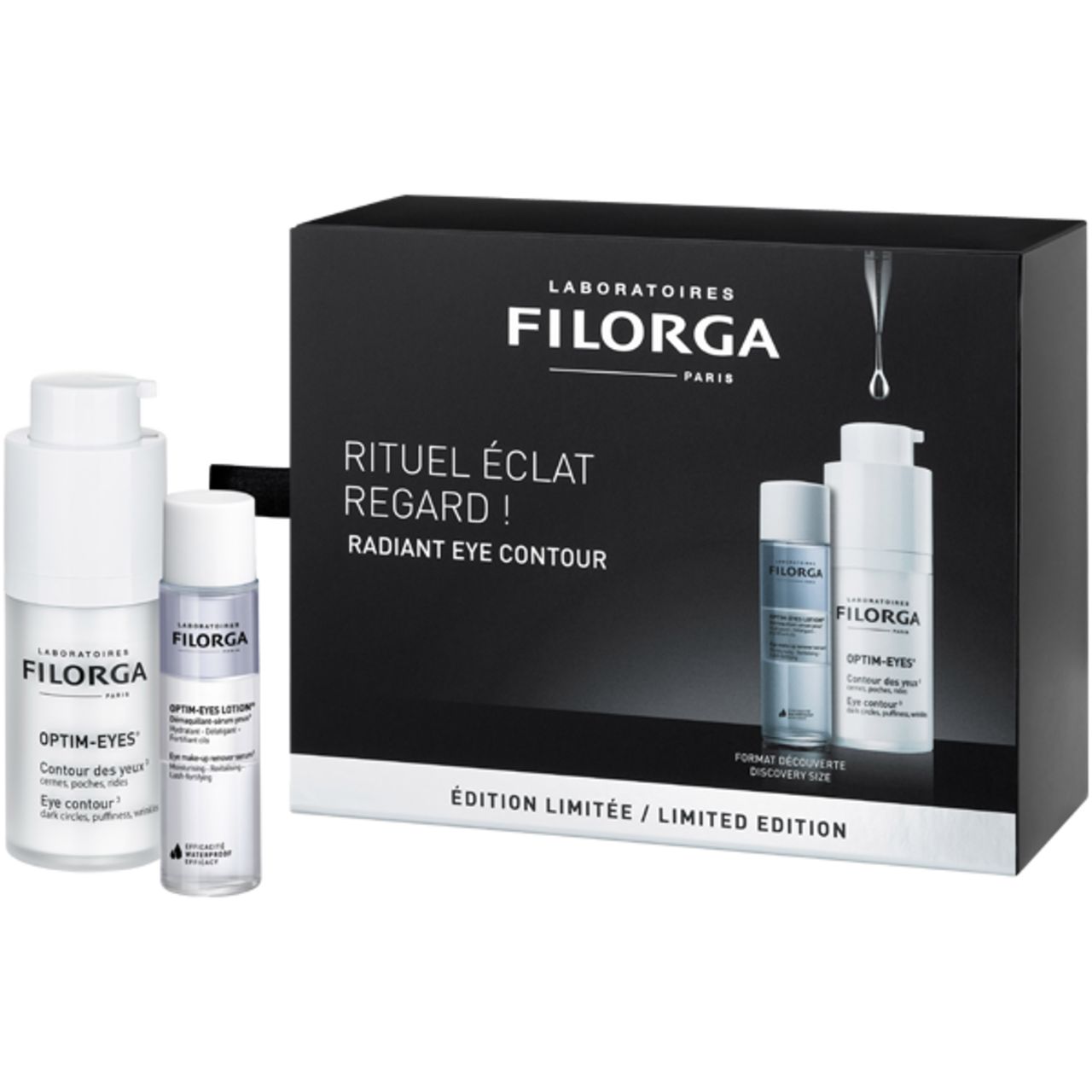 Filorga Optim-Eyes Routine Set. Zwarte verpakking met drie producten. Opschriften: Filorga, Optim-Eyes, Rituel Éclat Regard, Limited Edition.