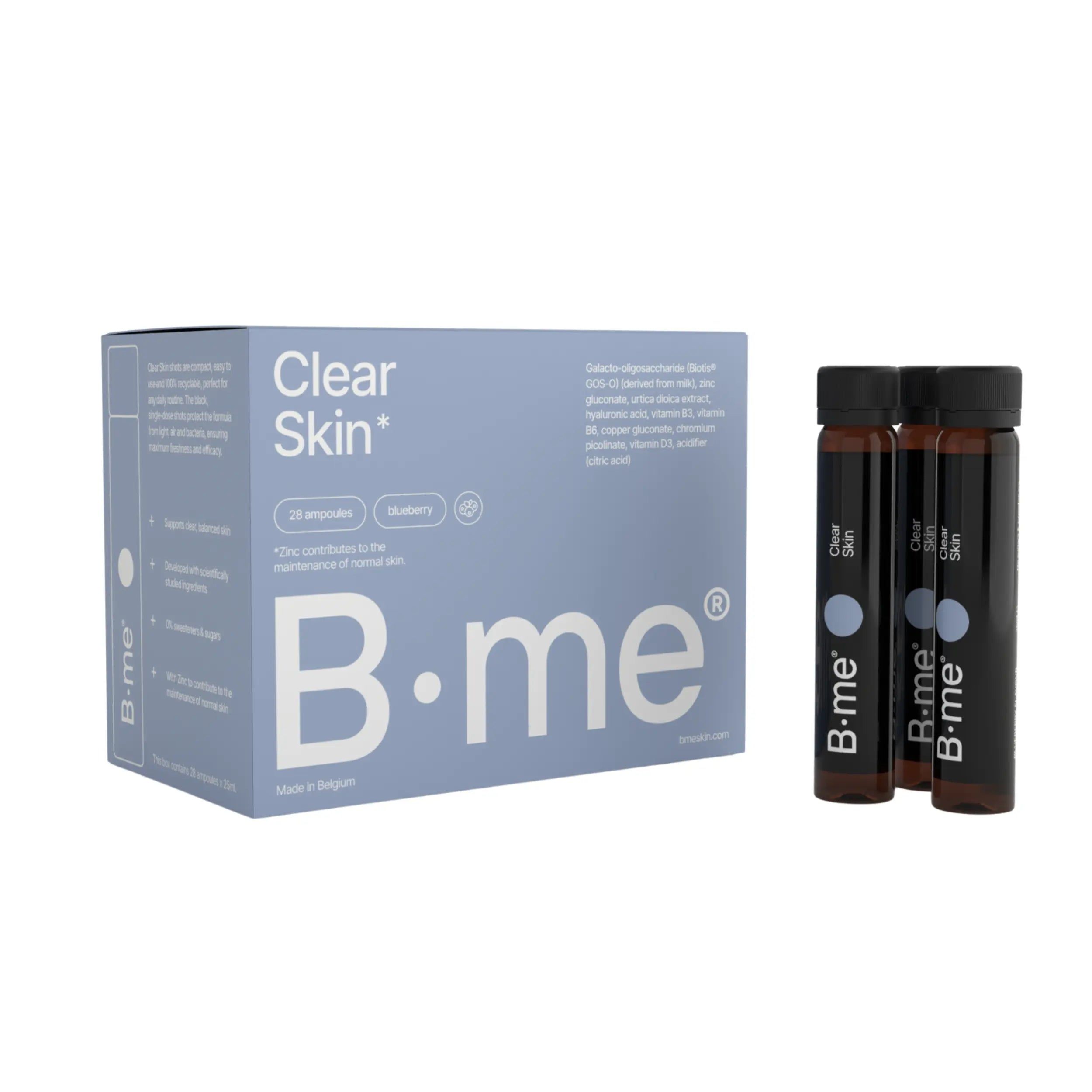 Lichtblauwe doos met B.me® Clear Skin ampullen. Twee ampullen ernaast.