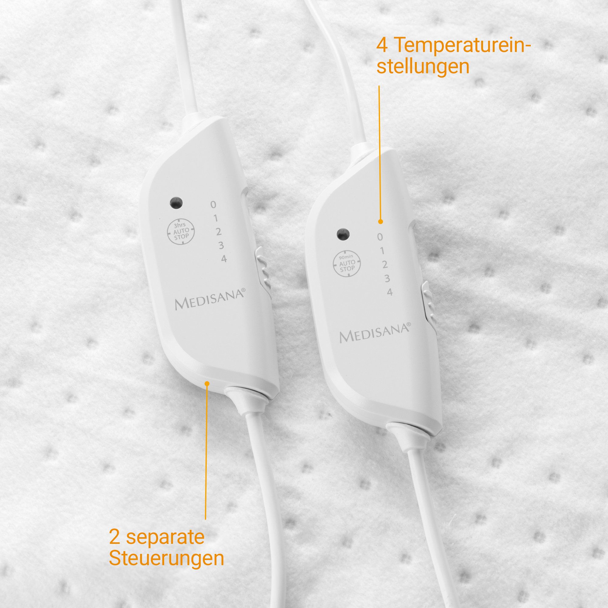 Close-up van de bedieningselementen van een witte verwarmingsdeken met 4 temperatuurinstellingen.