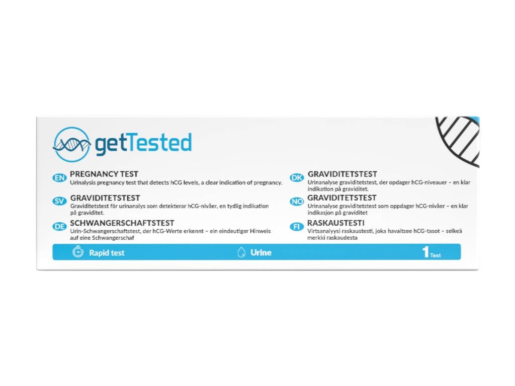 Emballage avec informations produit et marque : getTested. Texte multilingue. Test rapide.
