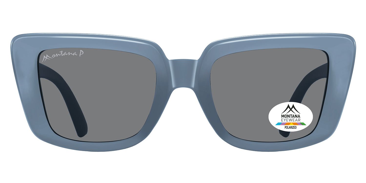 Lunettes de soleil bleues à verres foncés. Logo Montana Eyewear et certification de polarisation. Forme rectangulaire.