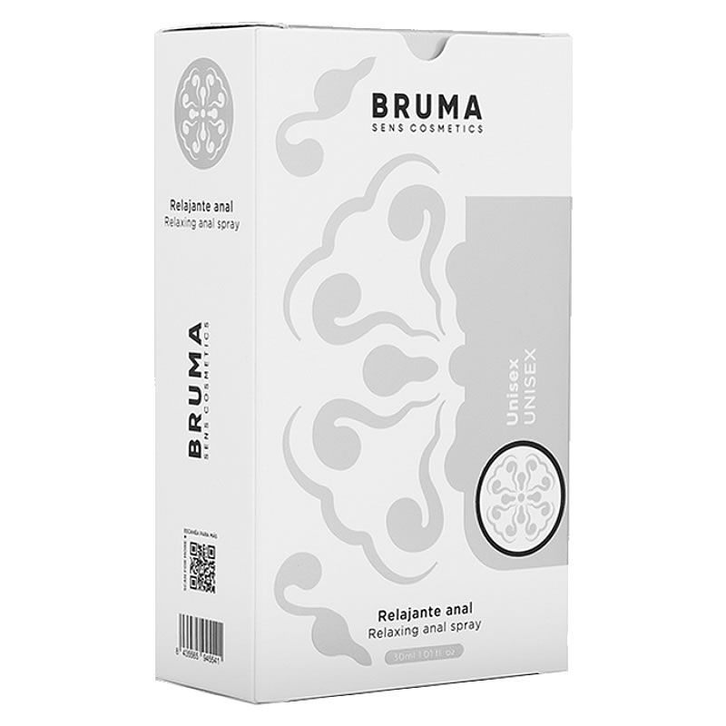 Verpakking voor Bruma Anal Relaxing Spray, wit met grijs patroon.