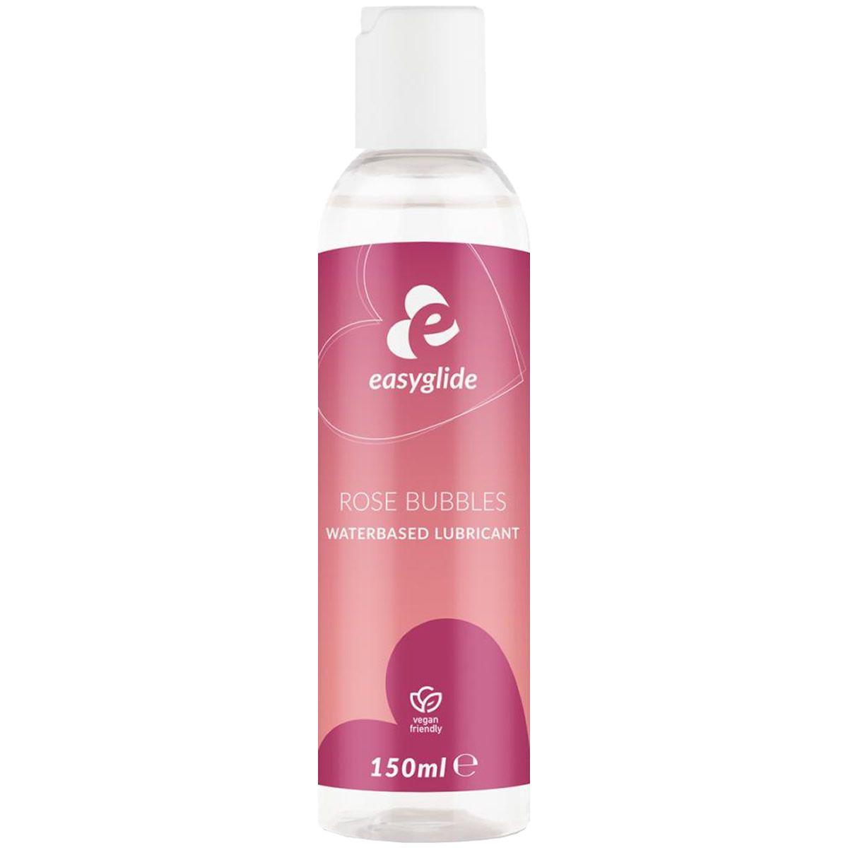Fles met roze etiket. Opschrift: easyglide, Rose Bubbles, Waterbased Lubricant. Vegan zegel. 150ml.