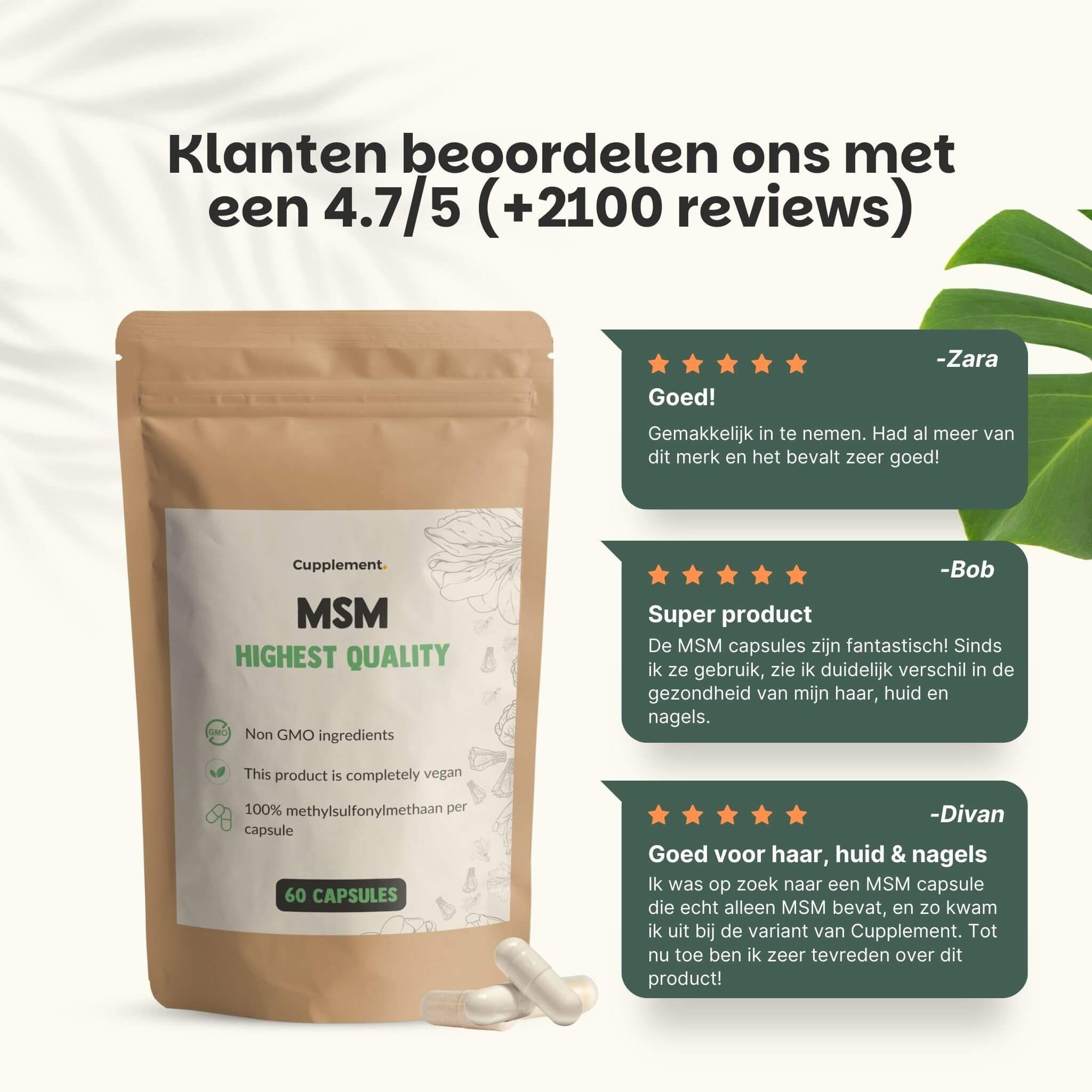 Zakje met capsules. Tekst: MSM, hoogste kwaliteit. Klantbeoordeling 4,7/5. 60 capsules. Vegan.