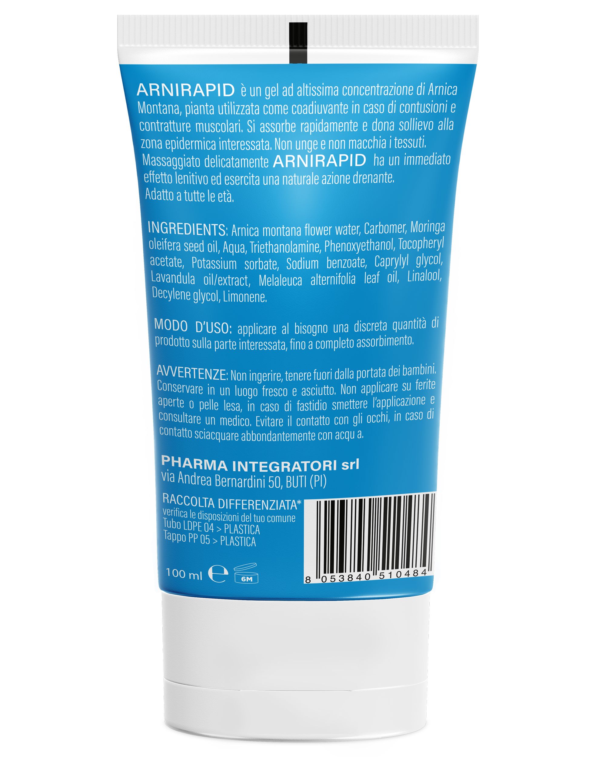 Dos d'un tube ARNIRAPID avec liste des ingrédients et instructions d'utilisation.