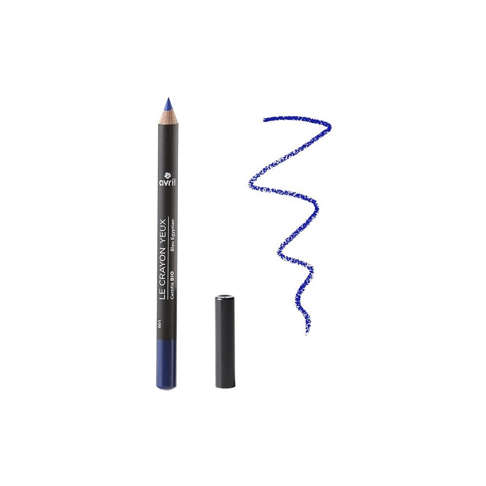 Crayon pour les yeux bleu avec capuchon noir et trait. Inscription: Avril, Le Crayon Yeux, Certifié Bio.