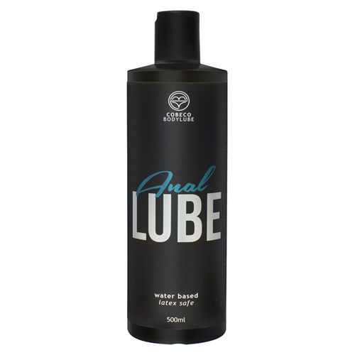 Flacon noir "Anal Lube". Marque Cobeco Bodylube. À base d'eau, sans latex. 500ml.