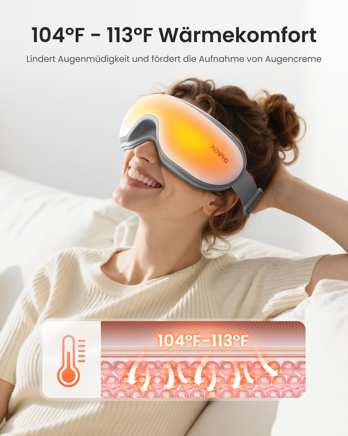 Femme portant un masseur oculaire RENPHO émettant de la chaleur (104°F–113°F).