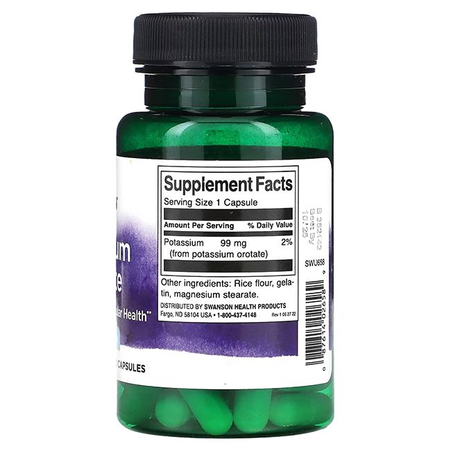 Dos d'un flacon vert avec étiquettes blanches. Contient des gélules vertes. Inscription: Supplement Facts, 99 mg potassium.