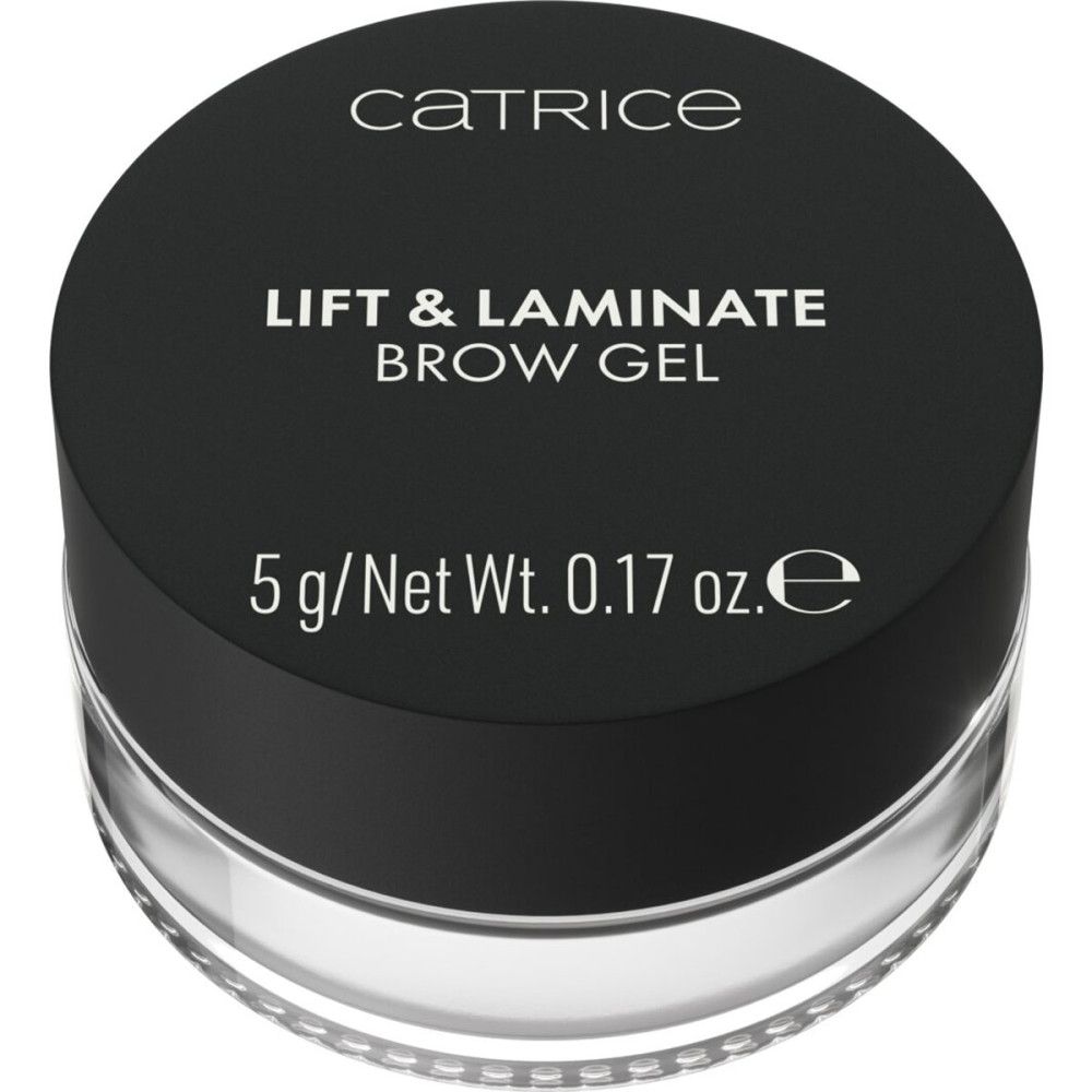 Catrice Gel Sourcils Lift & Laminate. Zwarte deksel met productinformatie. Op de deksel staat "LIFT & LAMINATE BROW GEL" en "5 g/Net Wt. 0.17 oz.e".