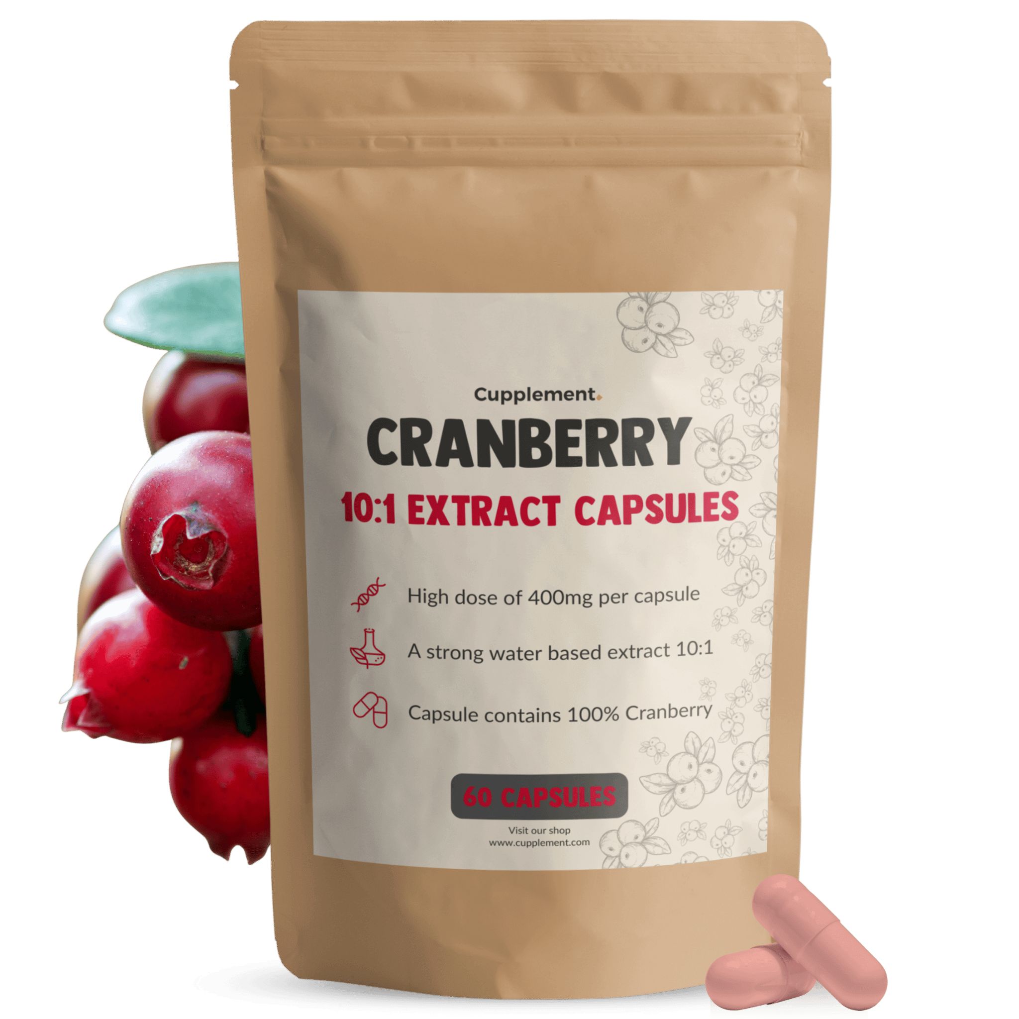 Sachet de gélules de canneberge. Texte: Cranberry 10:1 Extract Capsules. 60 gélules. Gélules rouges à côté. Canneberges en arrière-plan.