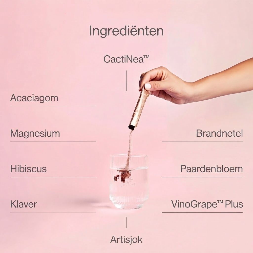 Een hand houdt een stick vast waaruit poeder in een glas water valt. Ingrediëntenlijst: CactiNea, acaciagom, magnesium, hibiscus, klaver, brandnetel, paardenbloem, VinoGrape Plus, artisjok.