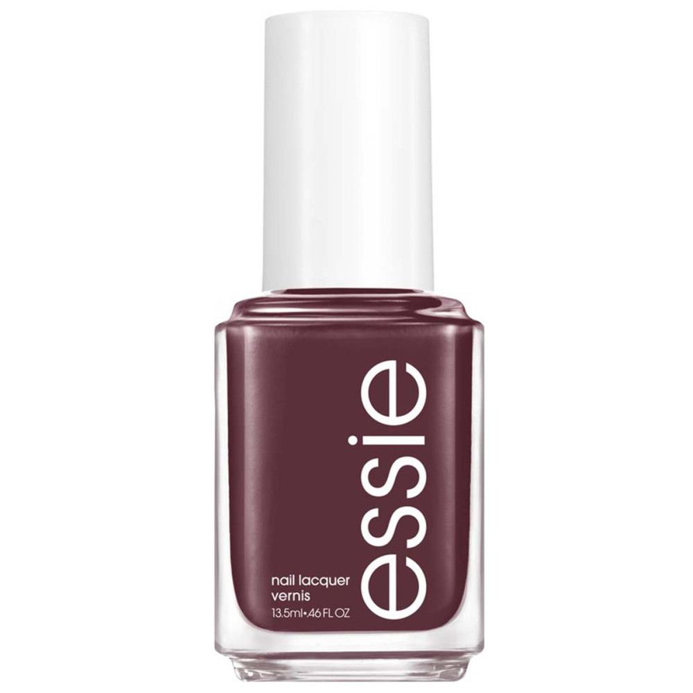 Flesje nagellak met witte dop. Op het etiket staat 'essie' en 'nail lacquer vernis'.