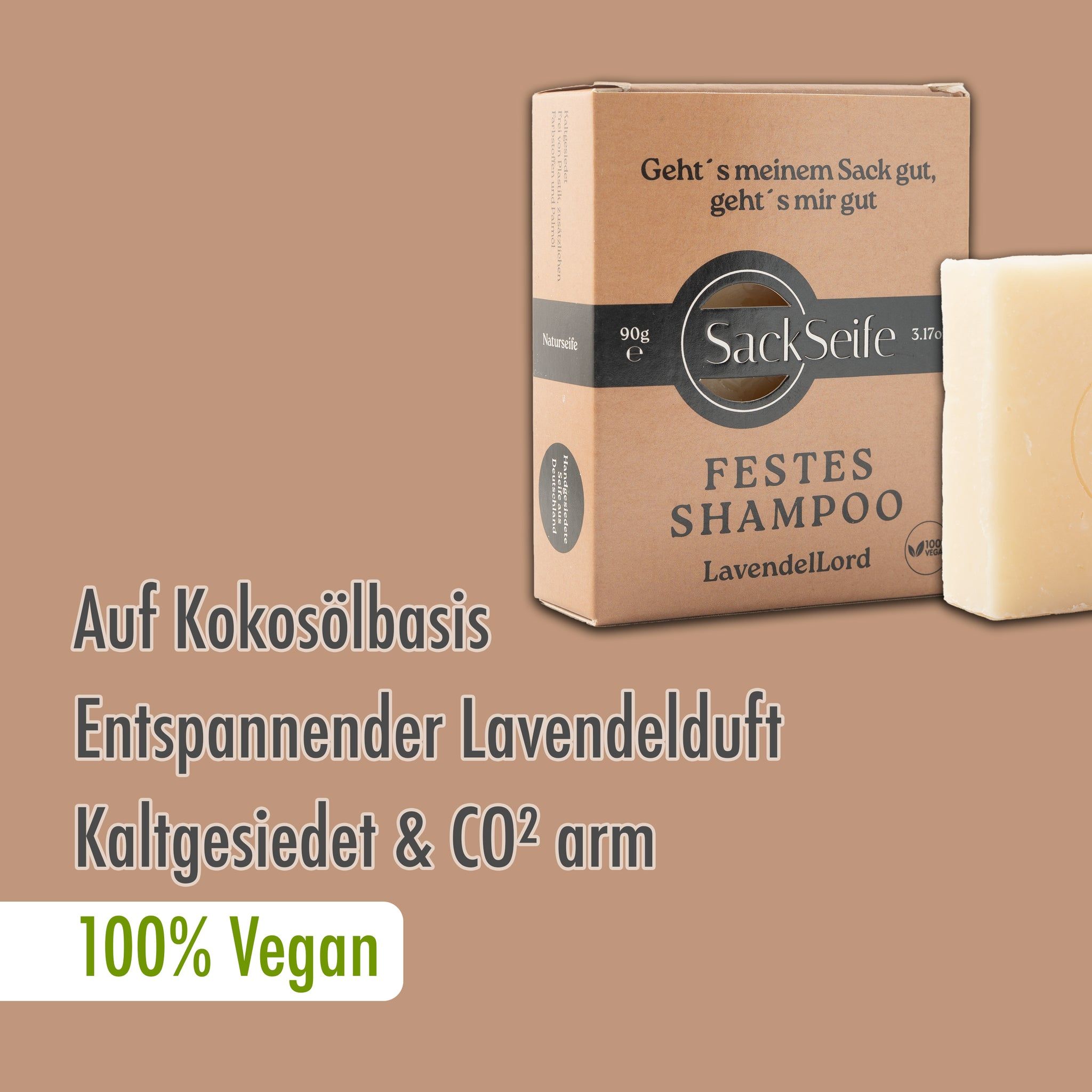 Vaste shampoo LavendelLord en verpakking. Tekst: Op basis van kokosolie, Ontspannende lavendelgeur, Koudgeperst & CO2 arm, 100% Vegan.