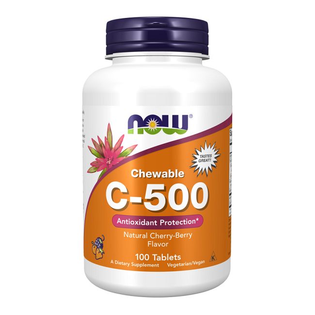 Now Foods Vitamine C-500 kauwtabletten, kers-bes smaak, 100 tabletten.
