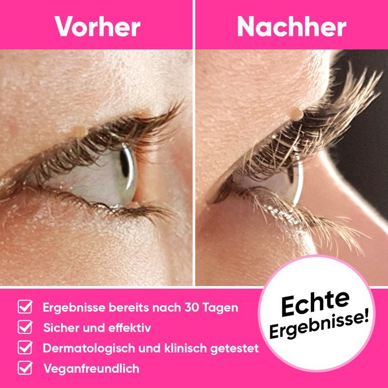 Comparaison avant-après des cils après utilisation du sérum Luxe Lash. Résultats après 30 jours.