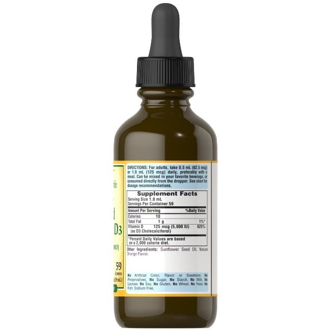 Dos d'une bouteille en verre brun avec bouchon noir. Étiquette avec texte: Sunvite Liquid Vitamin D3 125 mcg. Informations nutritionnelles.