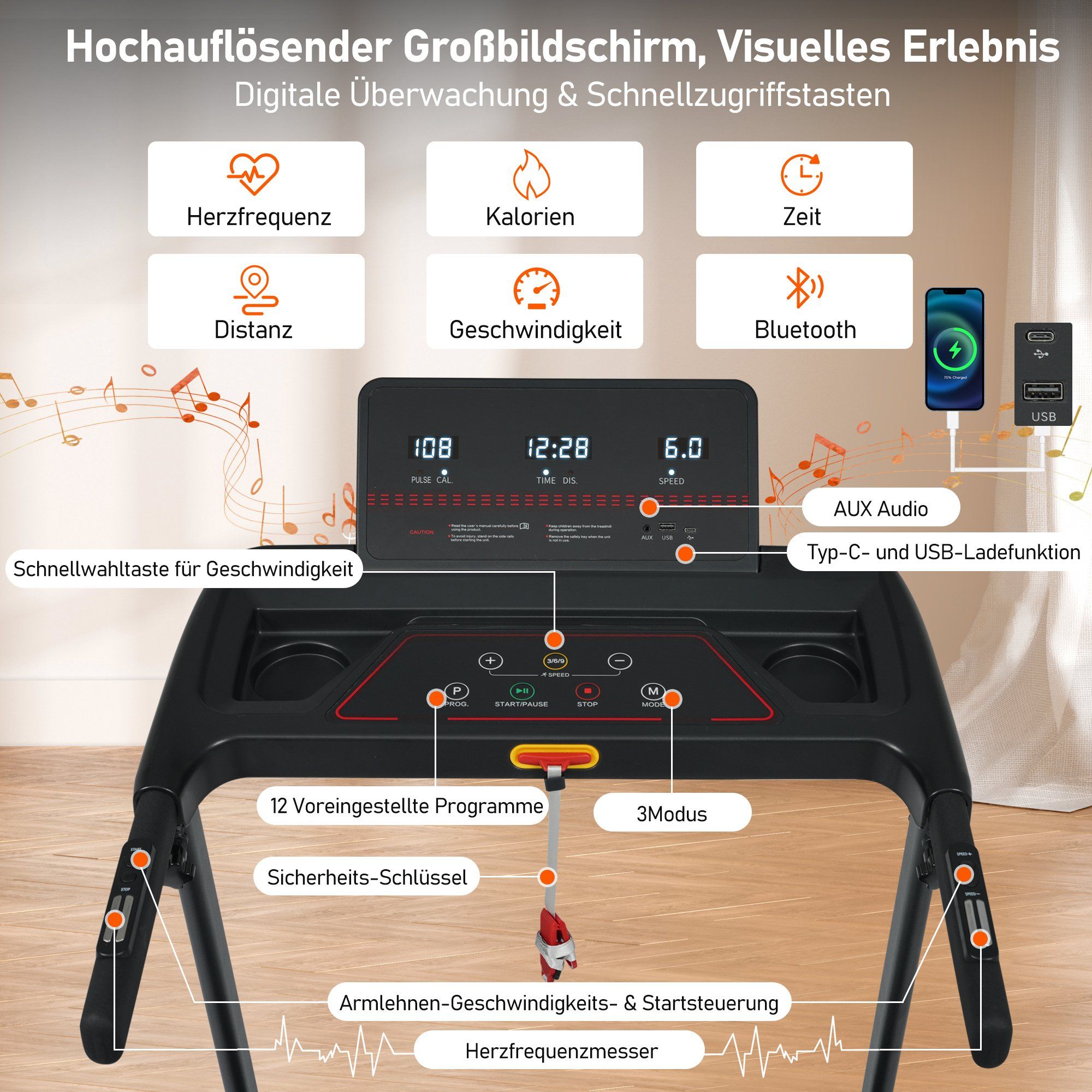 Console tapis roulant : écran, Bluetooth, chargeur USB, touches de sélection rapide.