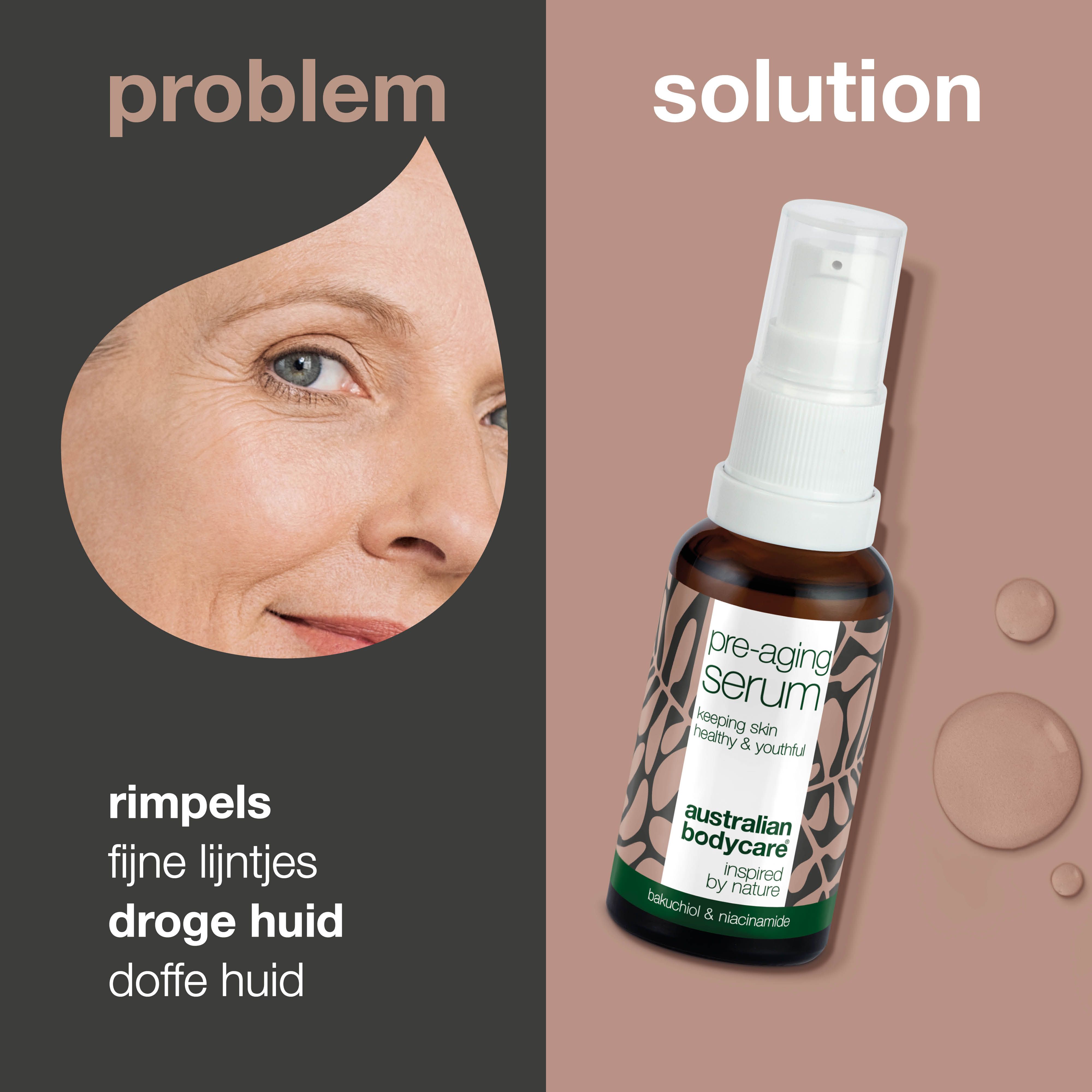 Gezicht met rimpels naast flesje serum. Tekst: rimpels, fijne lijntjes, droge huid, doffe huid.