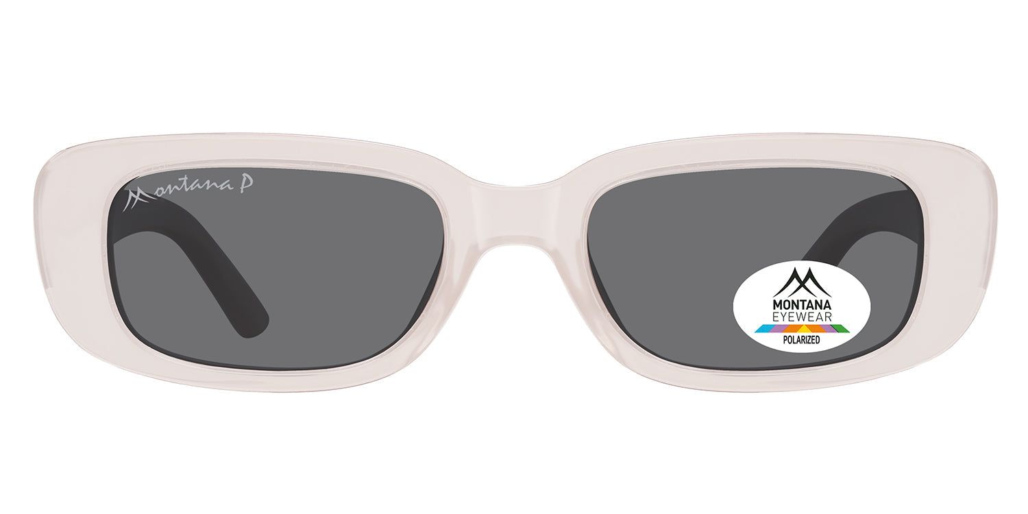 Lunettes de soleil à monture blanche et verres gris. Un autocollant sur le verre affiche le logo et l'inscription 'Polarized'.