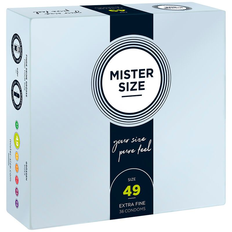 Pack de préservatifs MISTER SIZE 49, 36 unités, Extra Fine, emballage bleu clair.
