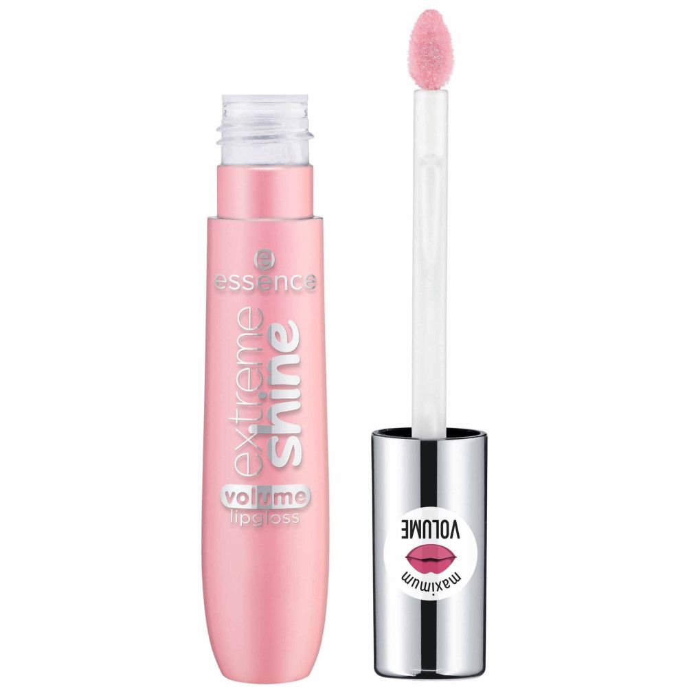 Open lipgloss tube met roze inhoud en applicator. Zilveren dop met lippenillustratie en tekst 'maximum'. Tekst 'extreme shine volume lipgloss'.